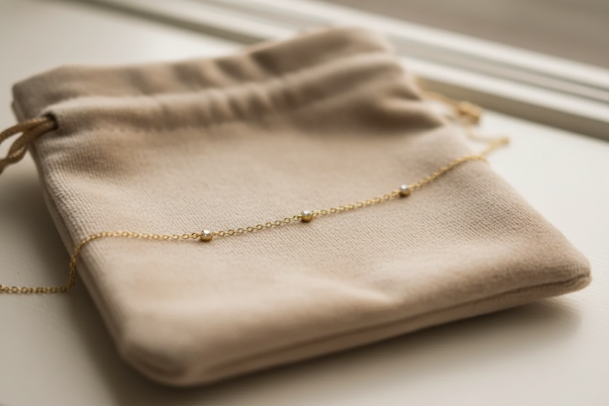 Bracelet de main chaîne doigt sur velours beige