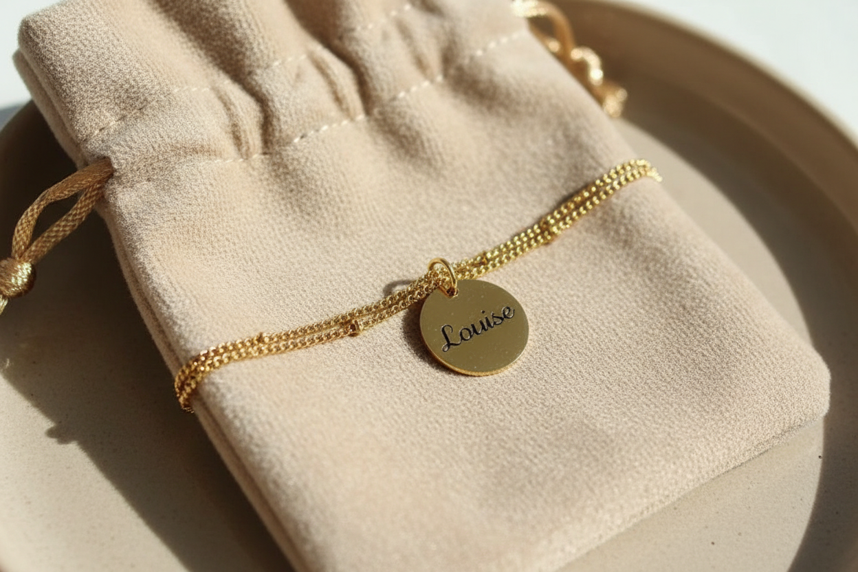Bracelet double chaîne velours beige