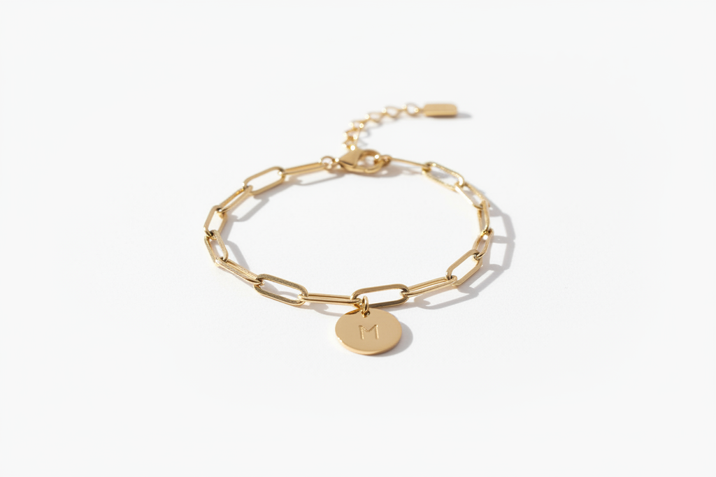 Bracelet médaille initiale sur fond blanc