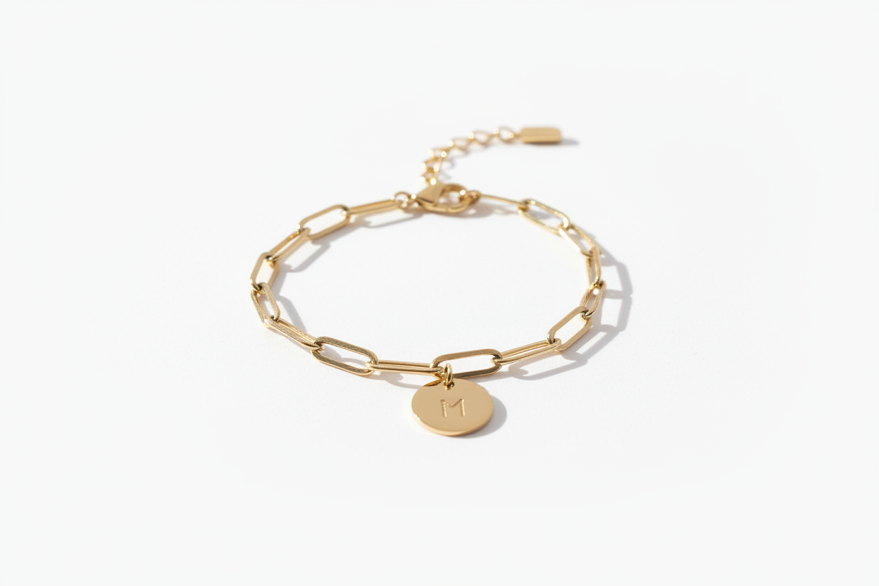 Bracelet médaille initiale sur fond blanc