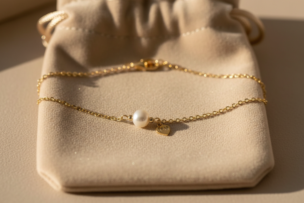 Bracelet perle cœur velours beige