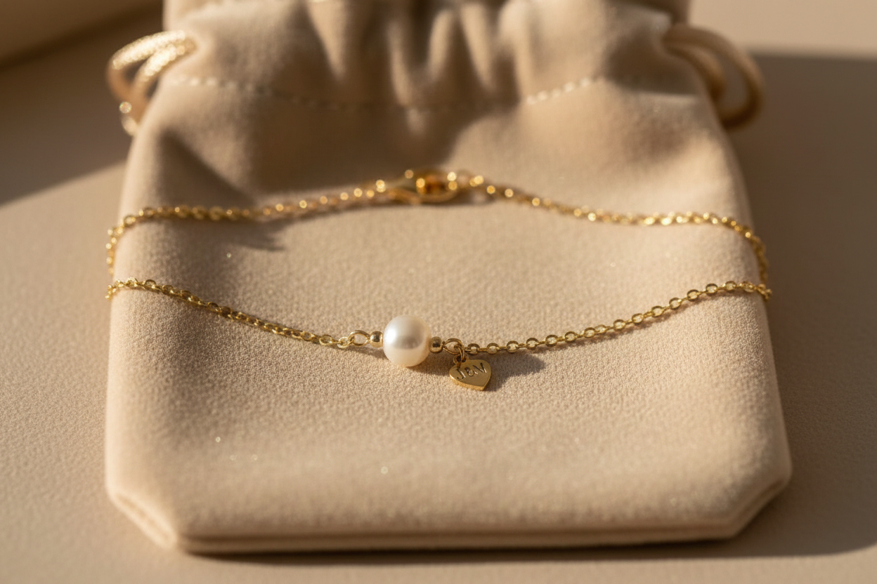 Bracelet perle cœur velours beige
