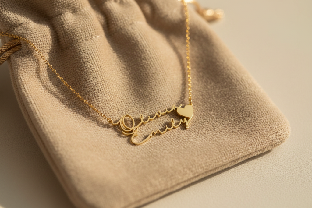 Collier double prénom velours beige